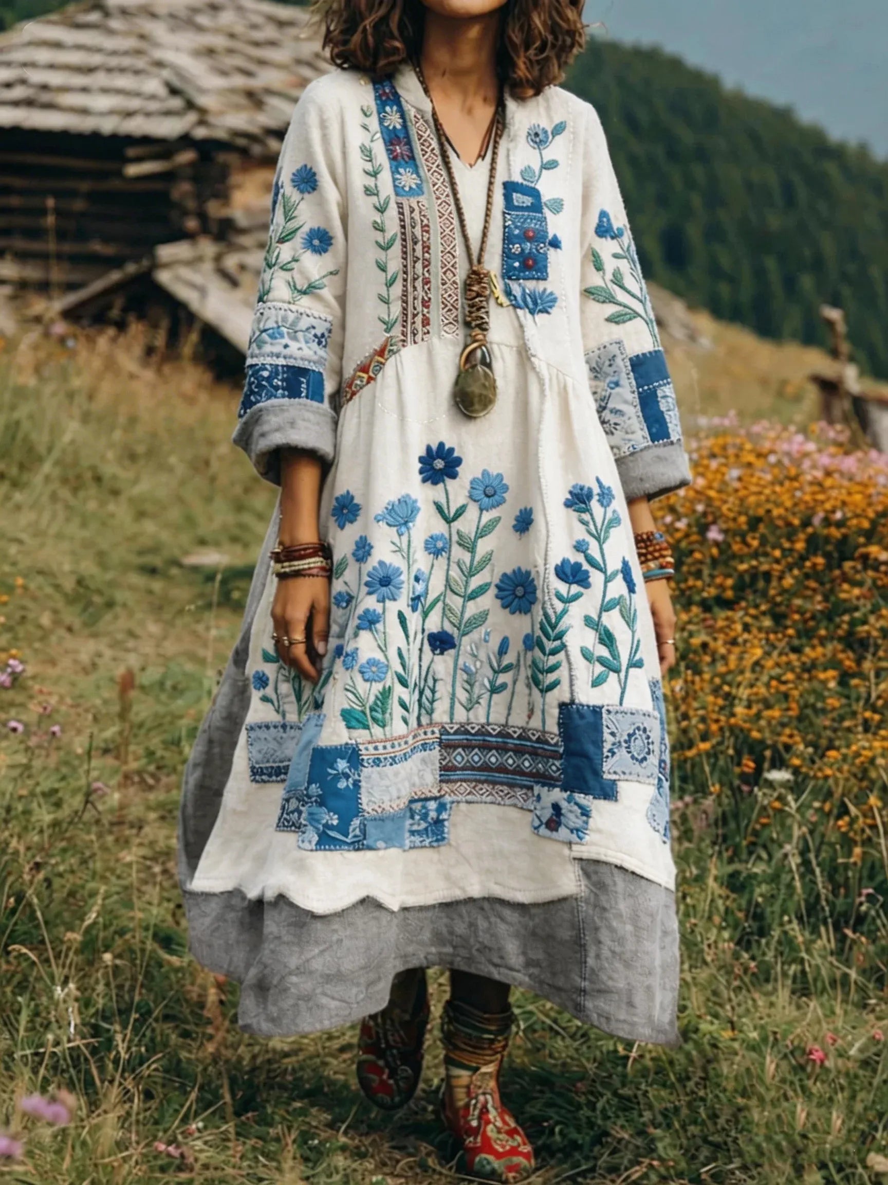 Loxira - Dames Jurk Boho Patchwork Geborduurd Etnische Elegante Stijl