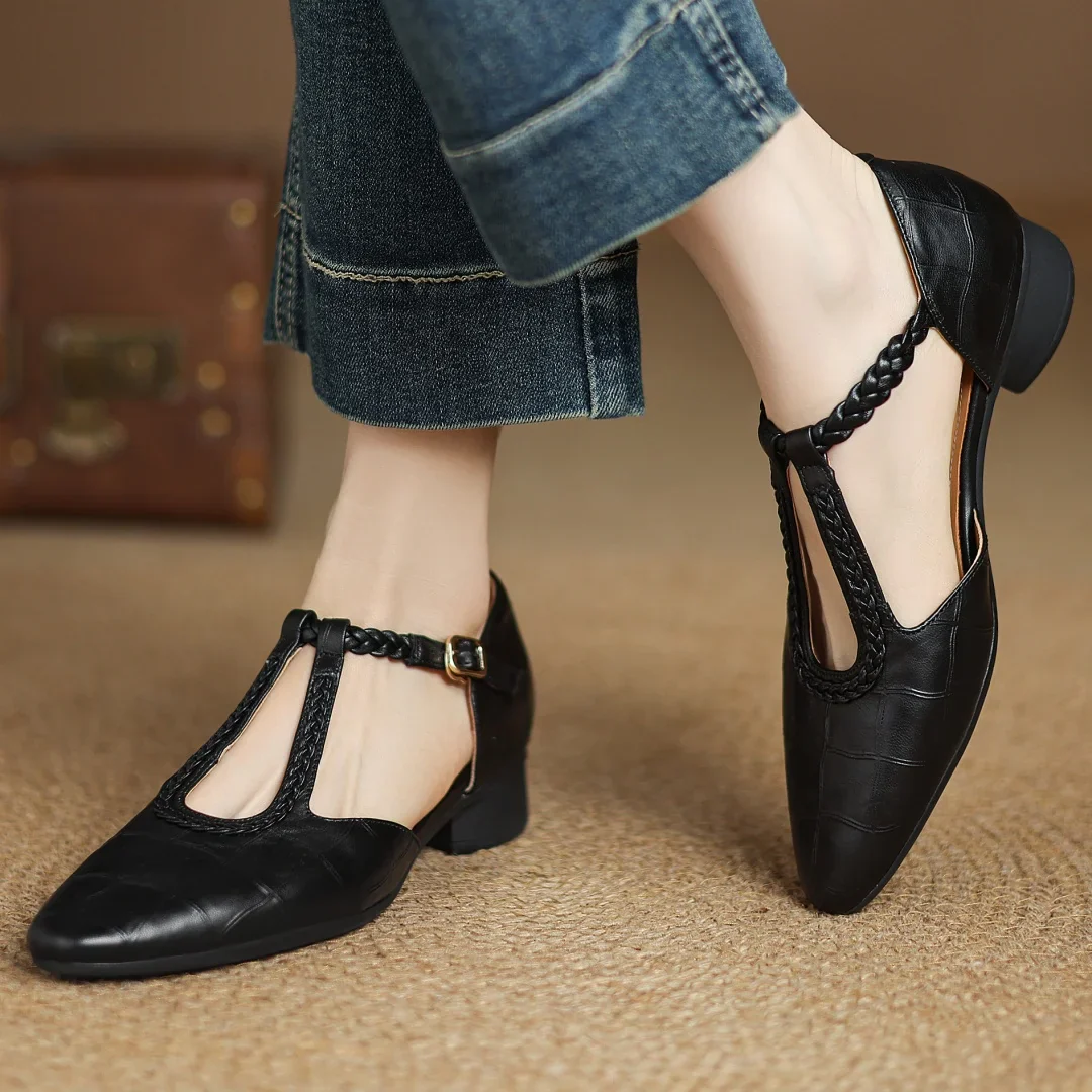 Prynelle - Dames Mary Jane schoenen van leer met gevlochten band