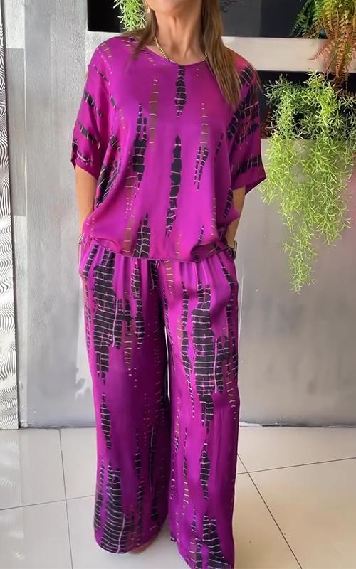 Iria - Casual satijnen set met ronde hals