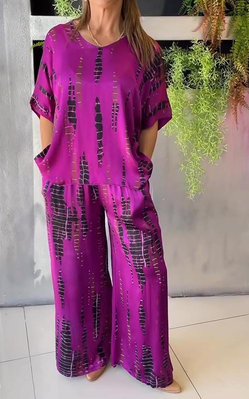 Iria - Casual satijnen set met ronde hals