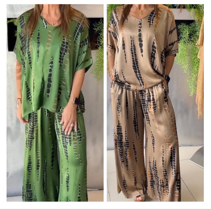 Iria - Casual satijnen set met ronde hals