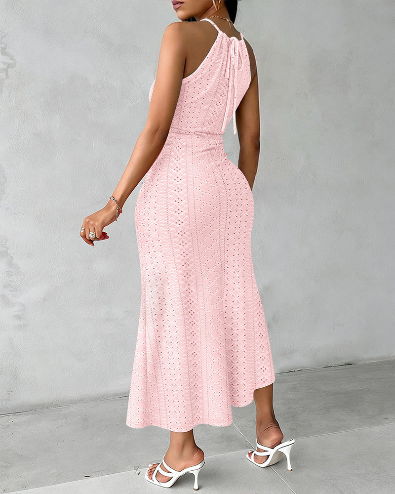 Fynovia - Midi jurk voor dames jacquard opengewerkt elegante halterhals split