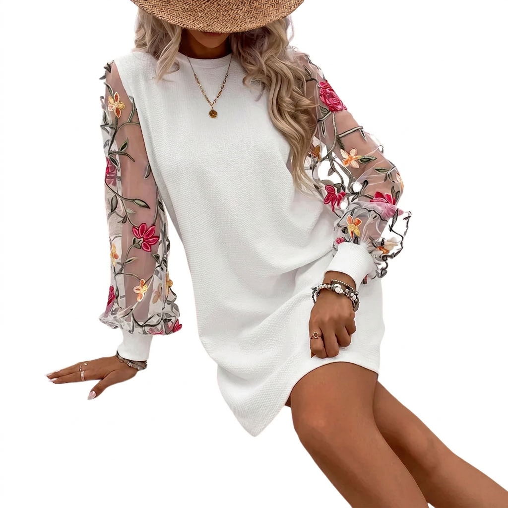 Quelythra - Elegante dames trui jurk met geborduurde bloemenmouwen