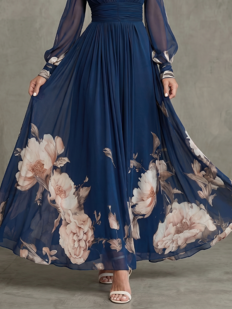 Lieve - Maxijurk voor dames met transparante mouwen en bloemenrand