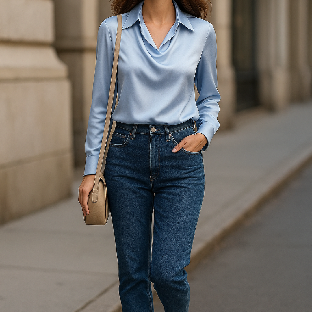 Laureline - Glimmende Blouse met Geplooide Kraag - Chic & Tijdloos