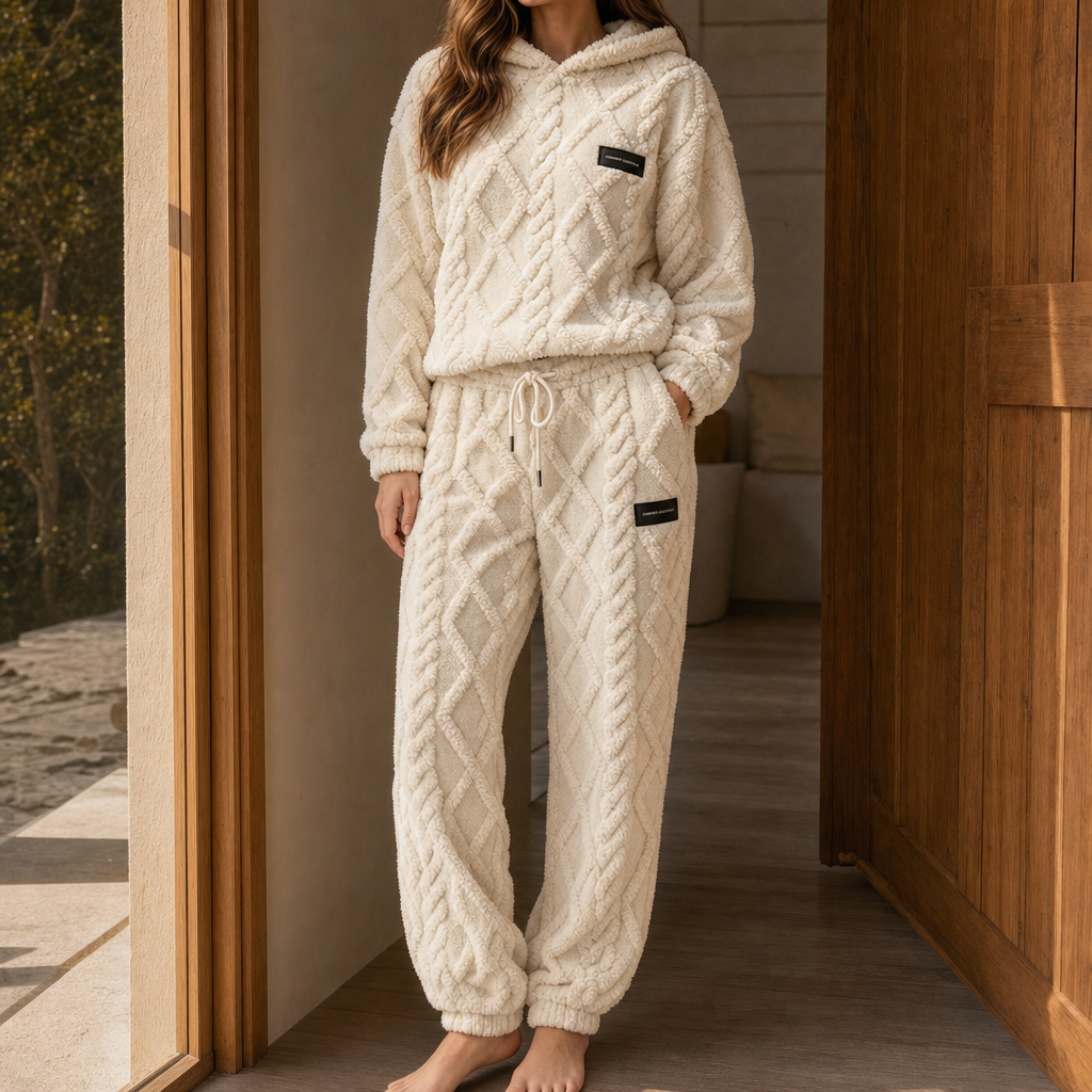 Catrien - Cocooning damesoutfit van fleece met capuchontrui en broek