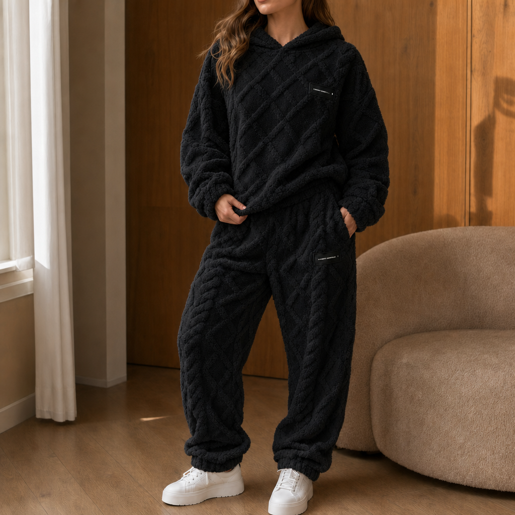 Catrien - Cocooning damesoutfit van fleece met capuchontrui en broek