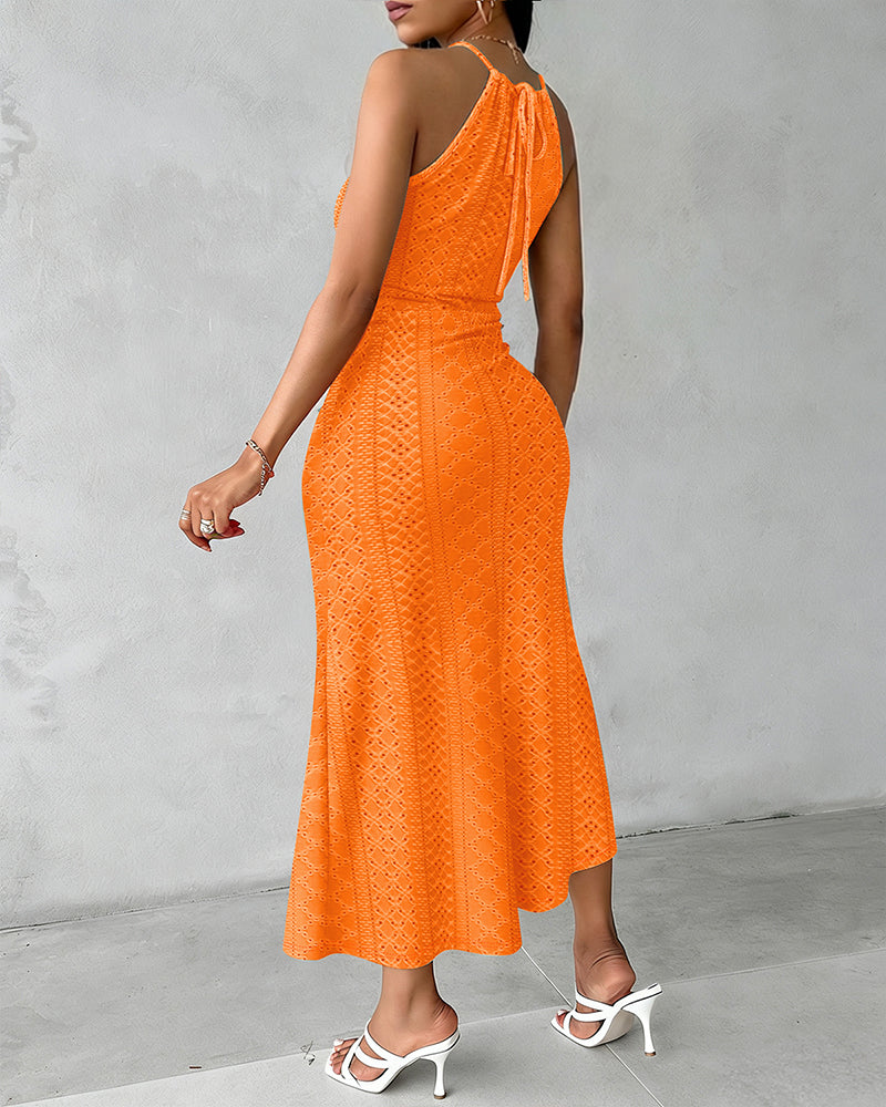Fynovia - Midi jurk voor dames jacquard opengewerkt elegante halterhals split