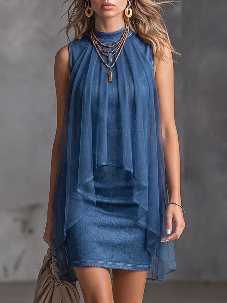 Haloria - Korte damesjurk met denim effect en chiffon voering