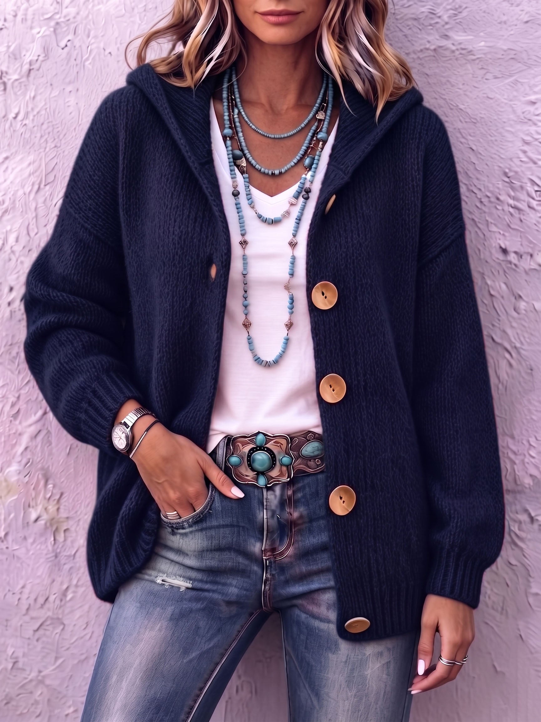 Ingrid - Dames cardigan van gebreid materiaal met capuchon en knopen
