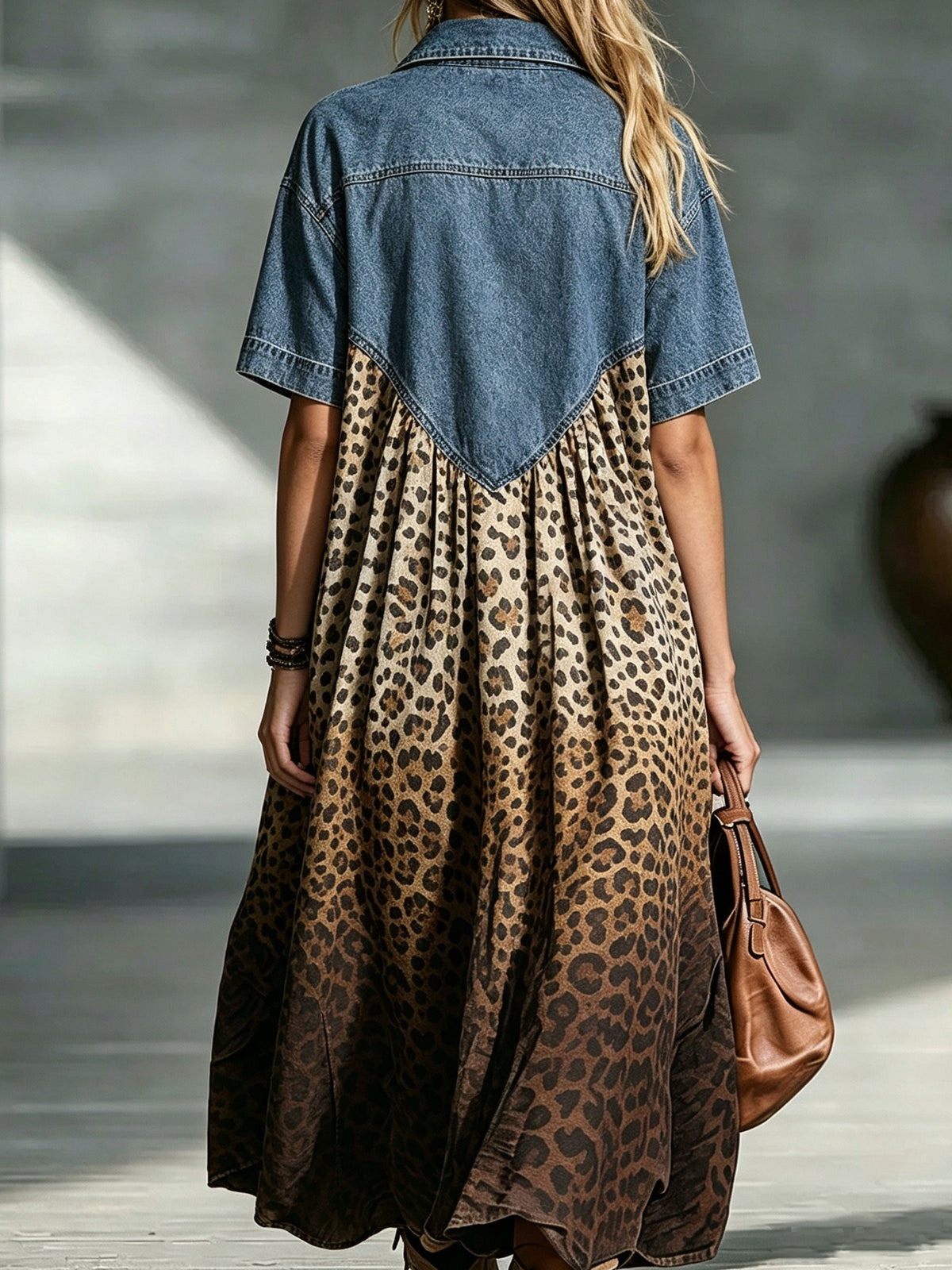 Eira - Vrouwen jurk patchwork denim met vloeiende luipaardprint