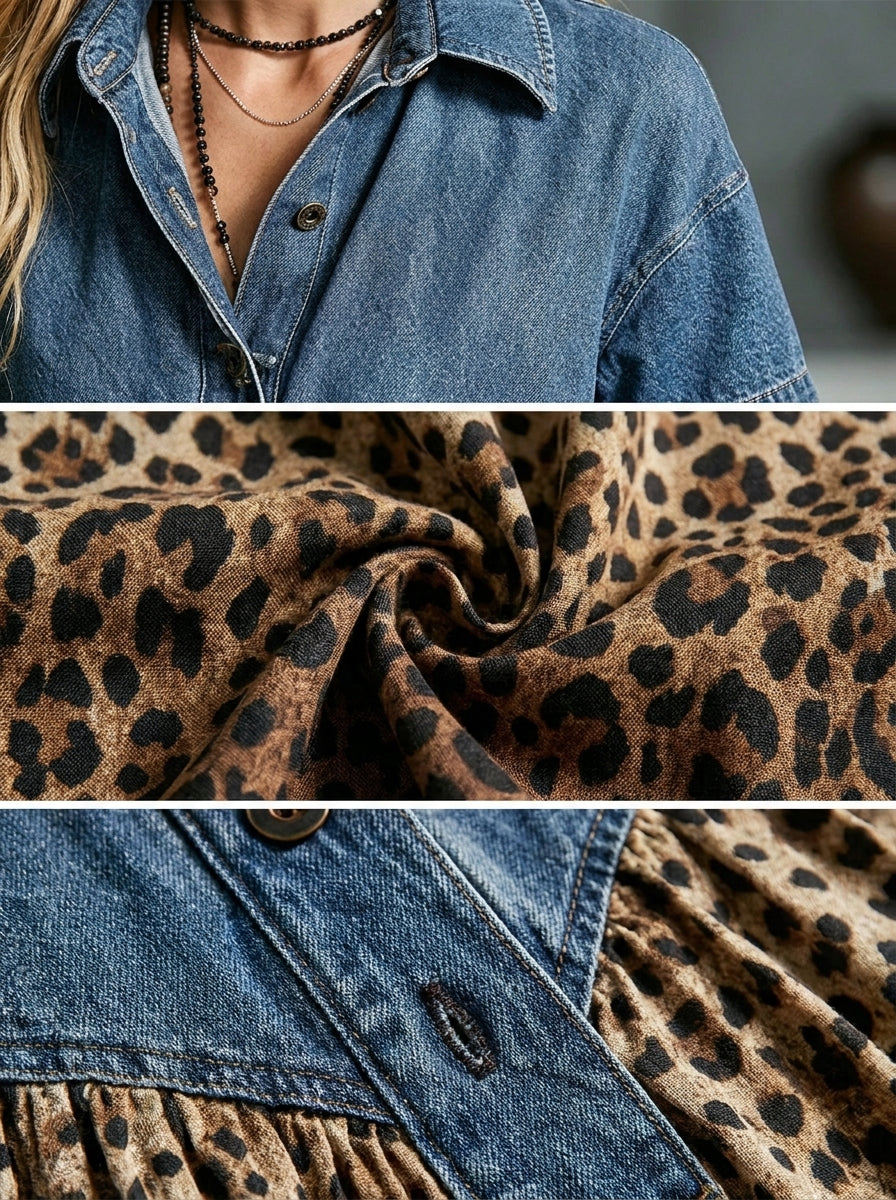 Eira - Vrouwen jurk patchwork denim met vloeiende luipaardprint