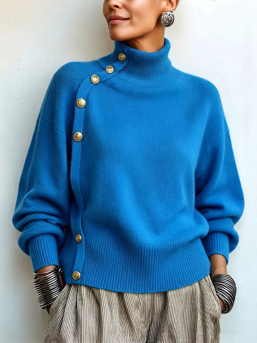 Willemijn - Dames trui met asymmetrische col en gouden knopen