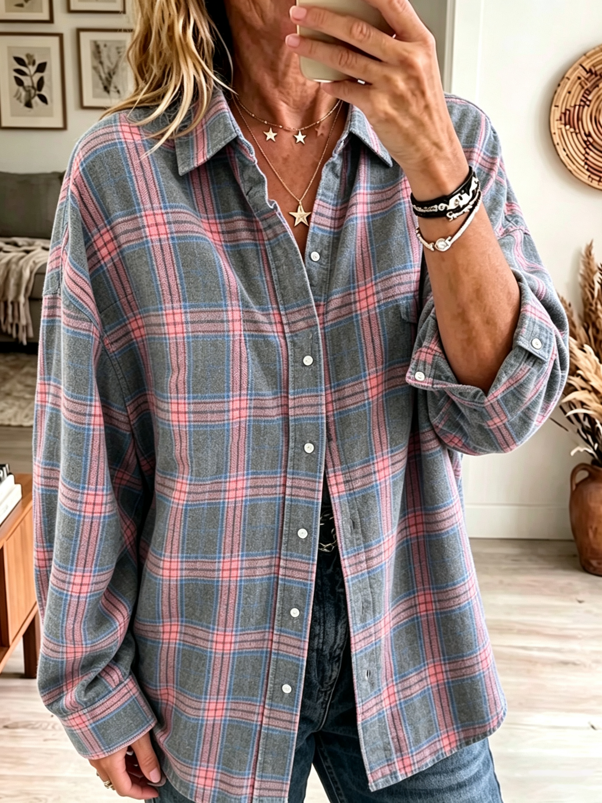 Oona - Oversized dameshemd met geruit patroon en knoopzakken