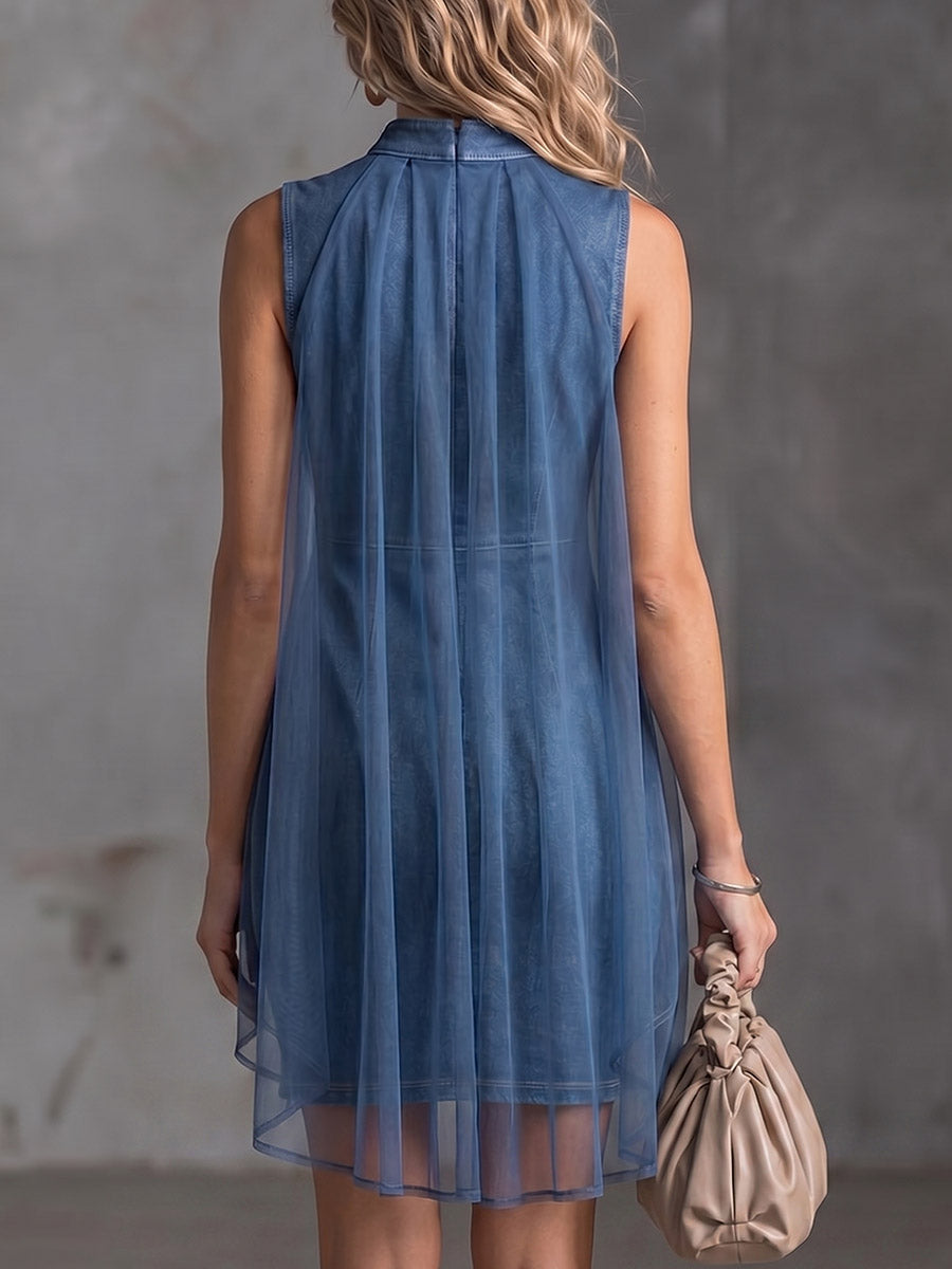 Haloria - Korte damesjurk met denim effect en chiffon voering