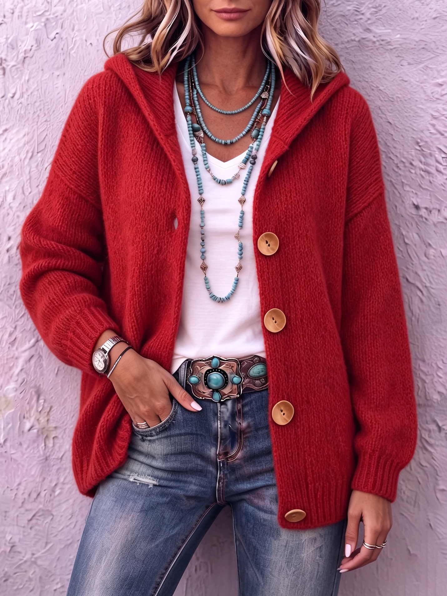 Ingrid - Dames cardigan van gebreid materiaal met capuchon en knopen