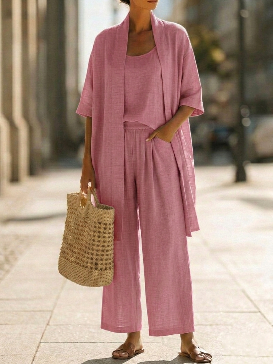 Faevina - Licht damesensemble met kimono, top en broek