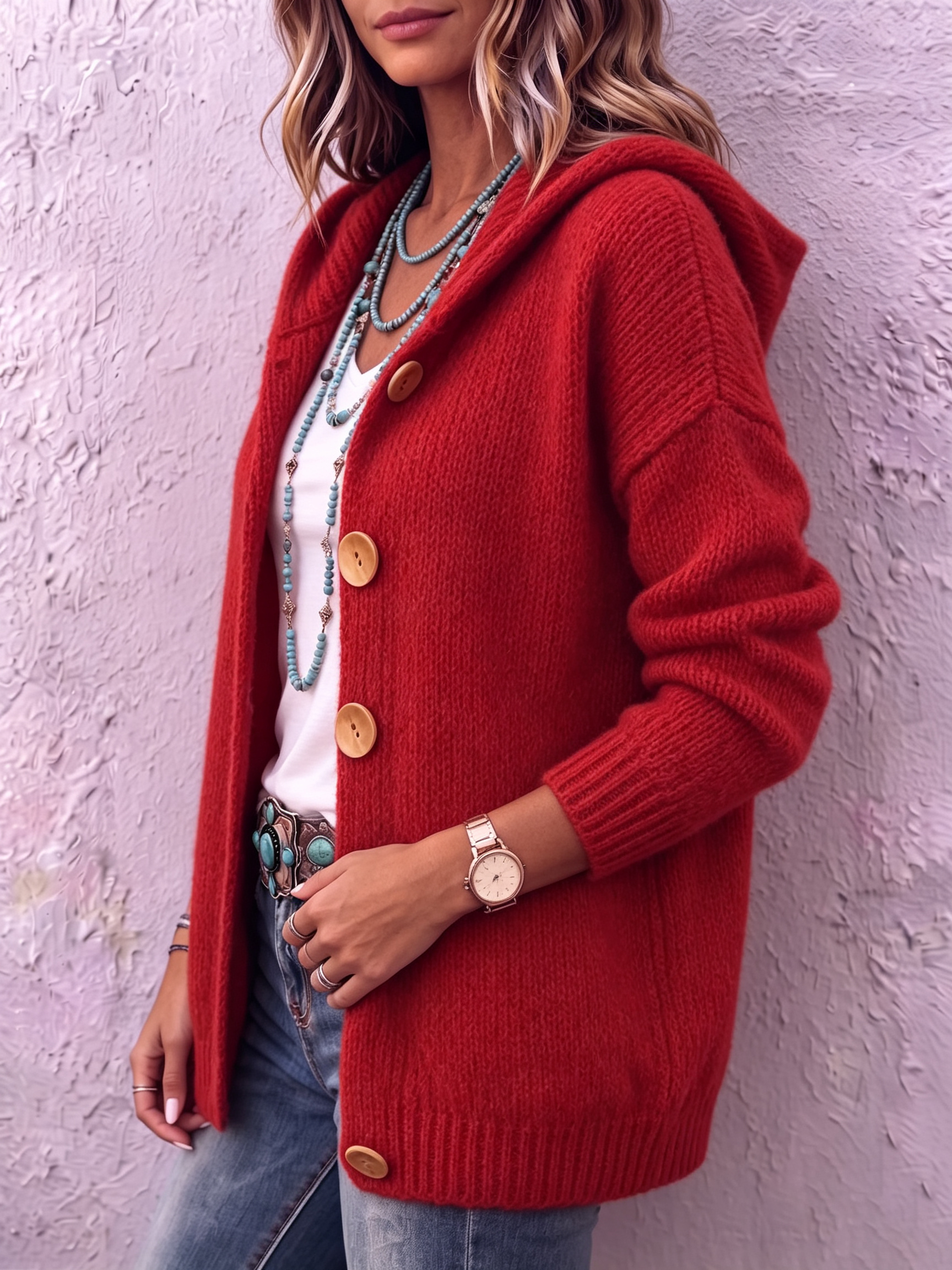 Ingrid - Dames cardigan van gebreid materiaal met capuchon en knopen