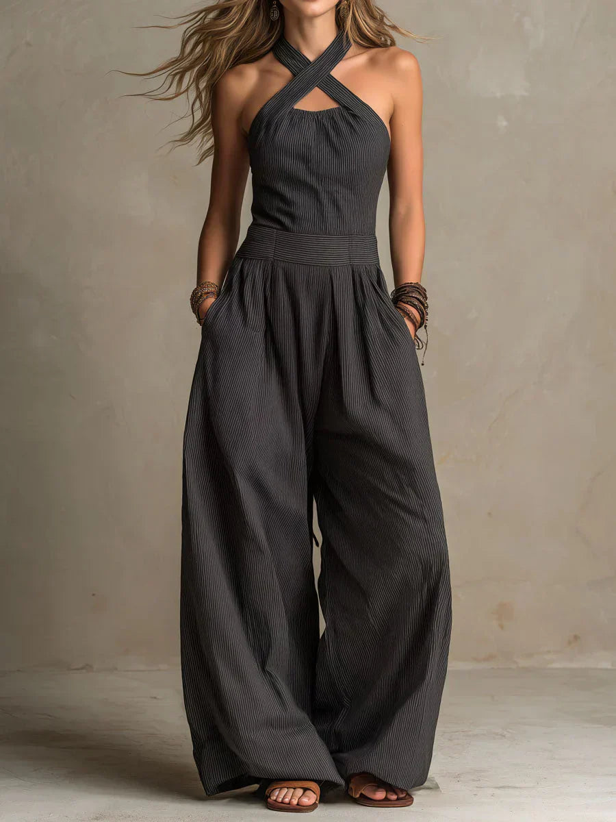 Fiorenzae - Vrouwelijke jumpsuit met vloeiende stof, kruislijf en elegante wijde benen
