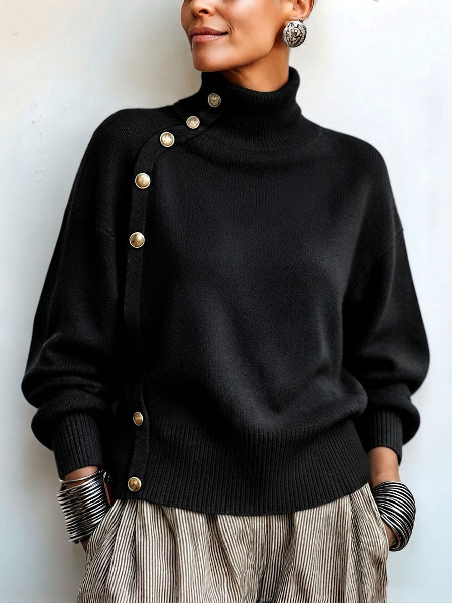 Willemijn - Dames trui met asymmetrische col en gouden knopen
