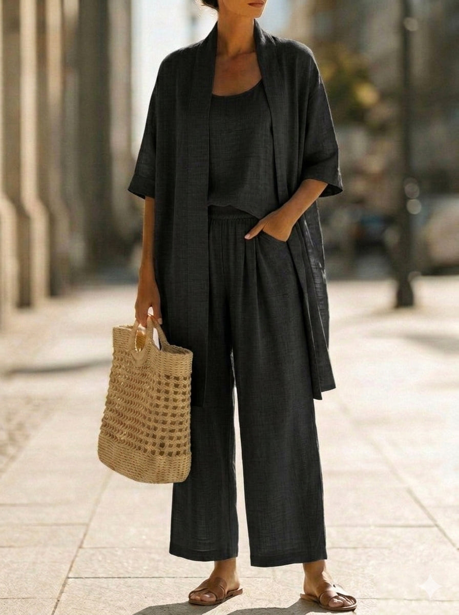 Faevina - Licht damesensemble met kimono, top en broek