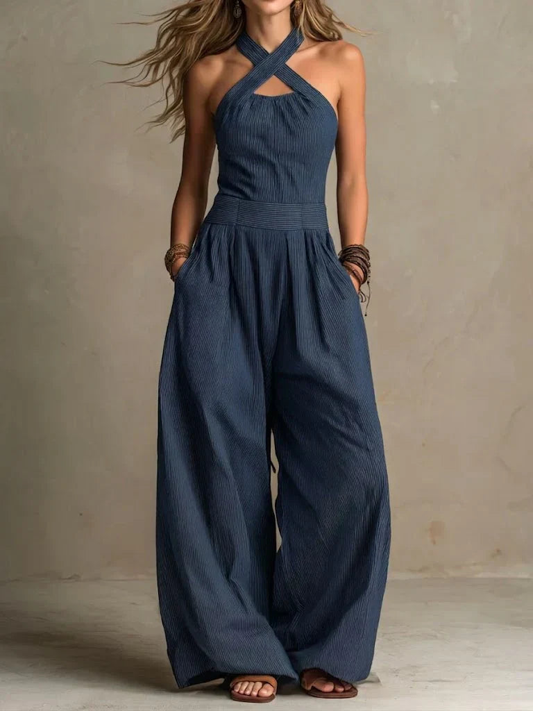 Fiorenzae - Vrouwelijke jumpsuit met vloeiende stof, kruislijf en elegante wijde benen