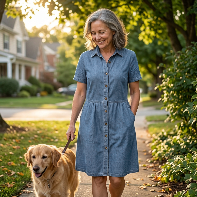 Doreya - Dames overhemdjurk denimlook met knopen en zakken