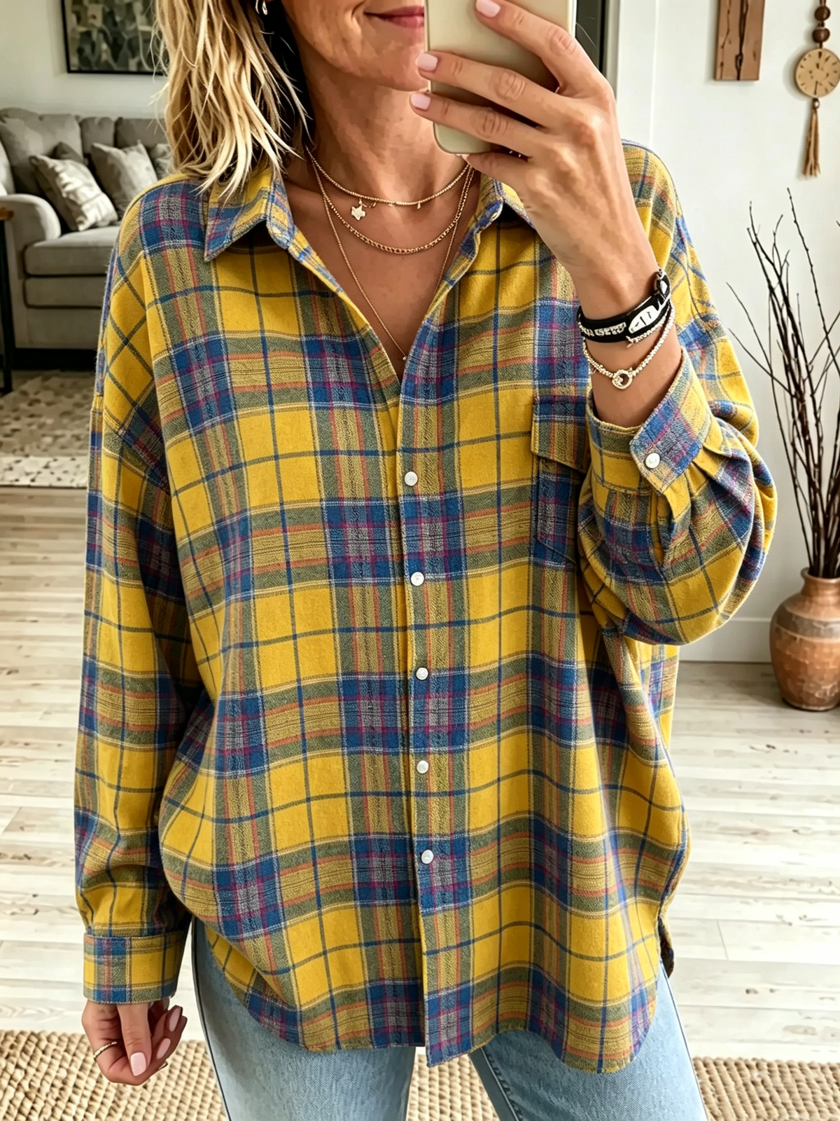 Oona - Oversized dameshemd met geruit patroon en knoopzakken