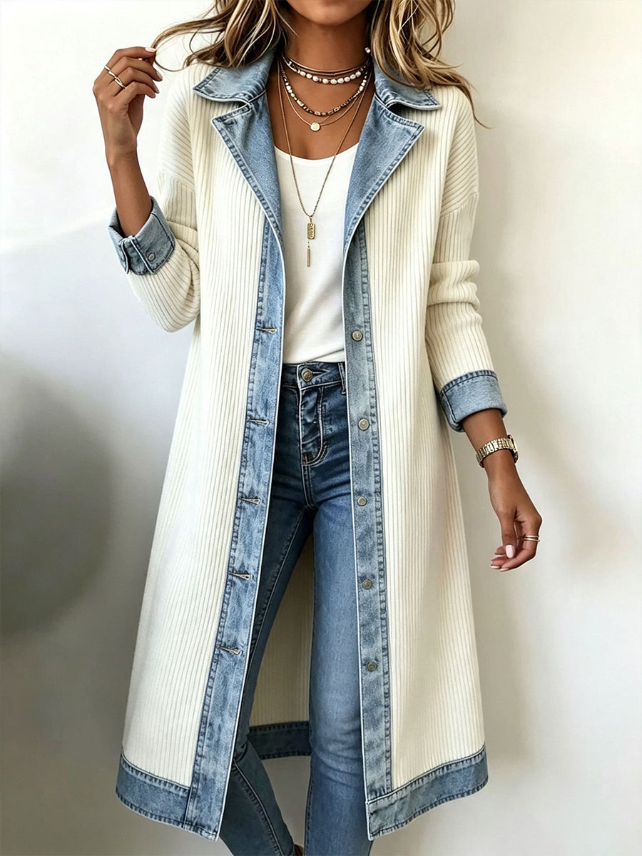 Béryl - Lange cardigan voor dames in ribbrei met denimafwerking