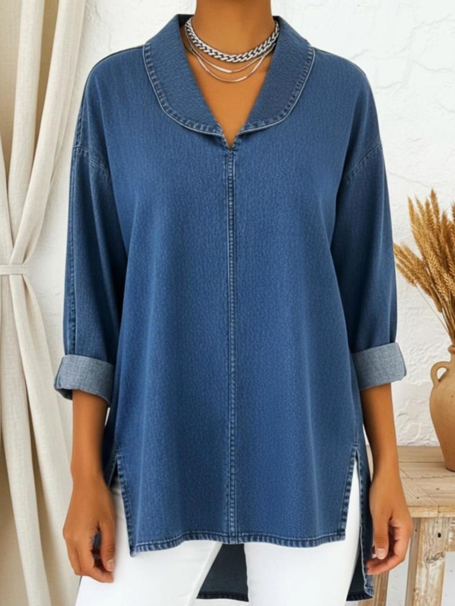 Prysaviennea - Chic Denim Overhemd met Schouderkraag