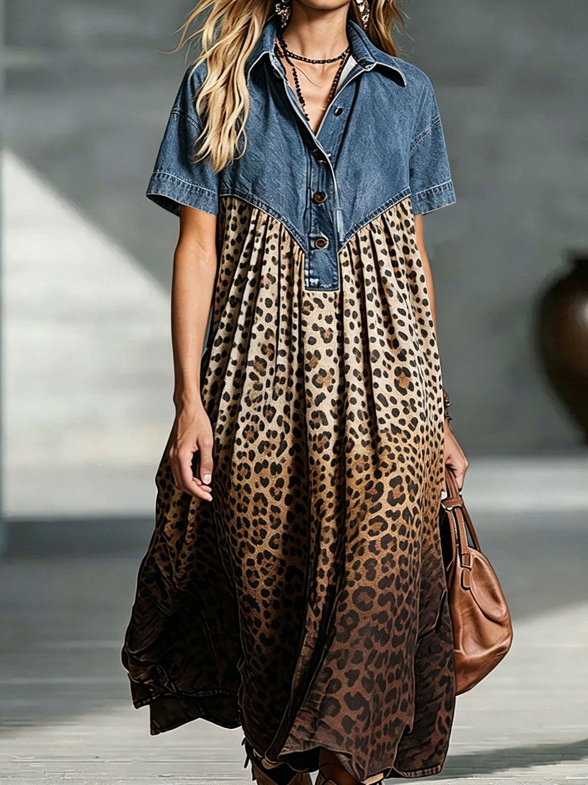 Eira - Vrouwen jurk patchwork denim met vloeiende luipaardprint