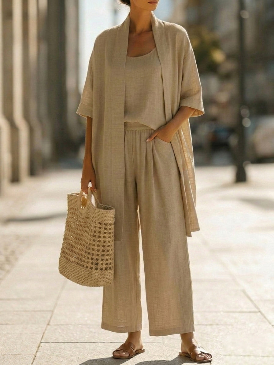 Faevina - Licht damesensemble met kimono, top en broek