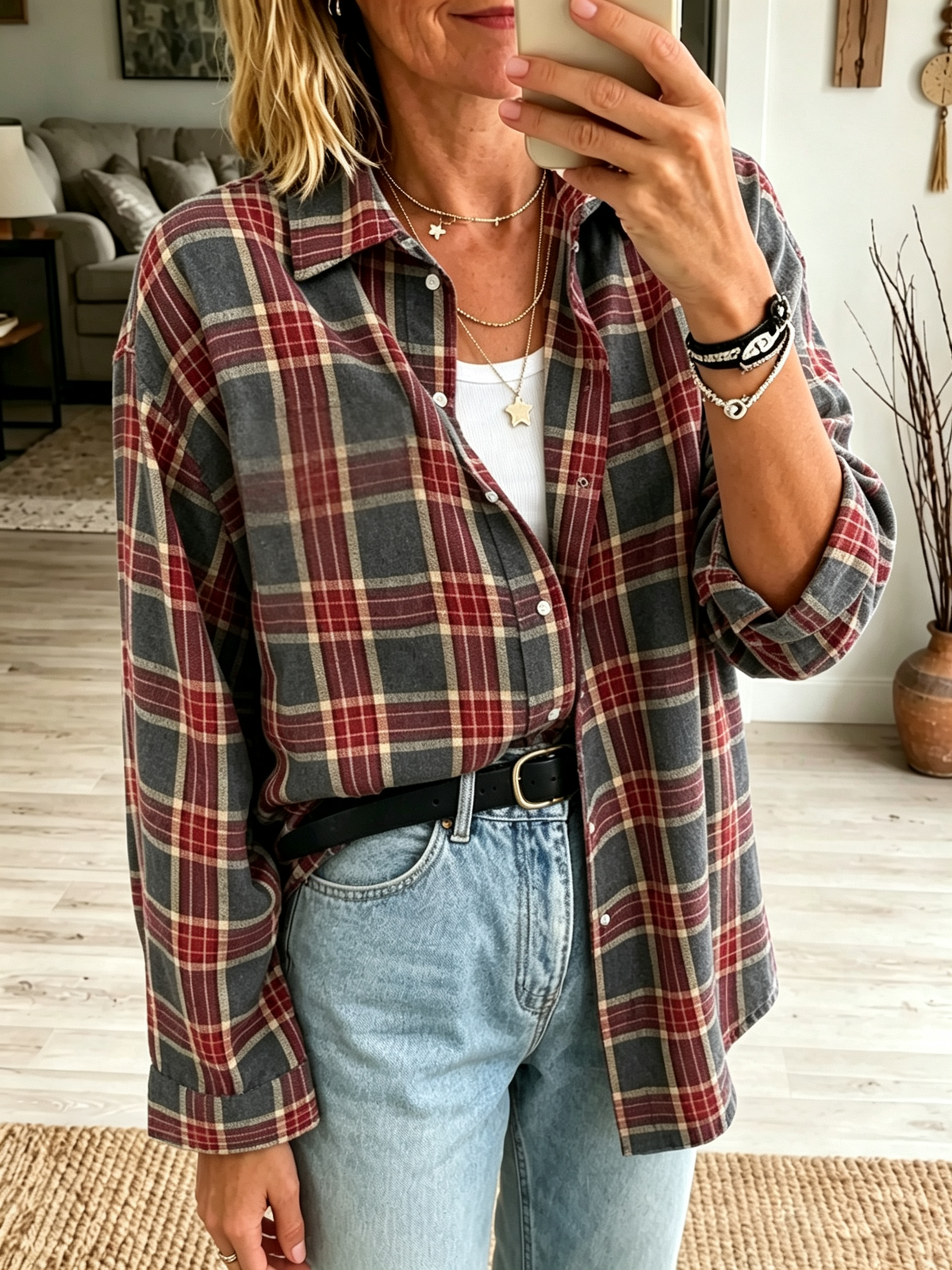 Oona - Oversized dameshemd met geruit patroon en knoopzakken