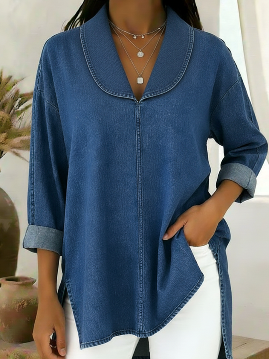 Prysaviennea - Chic Denim Overhemd met Schouderkraag