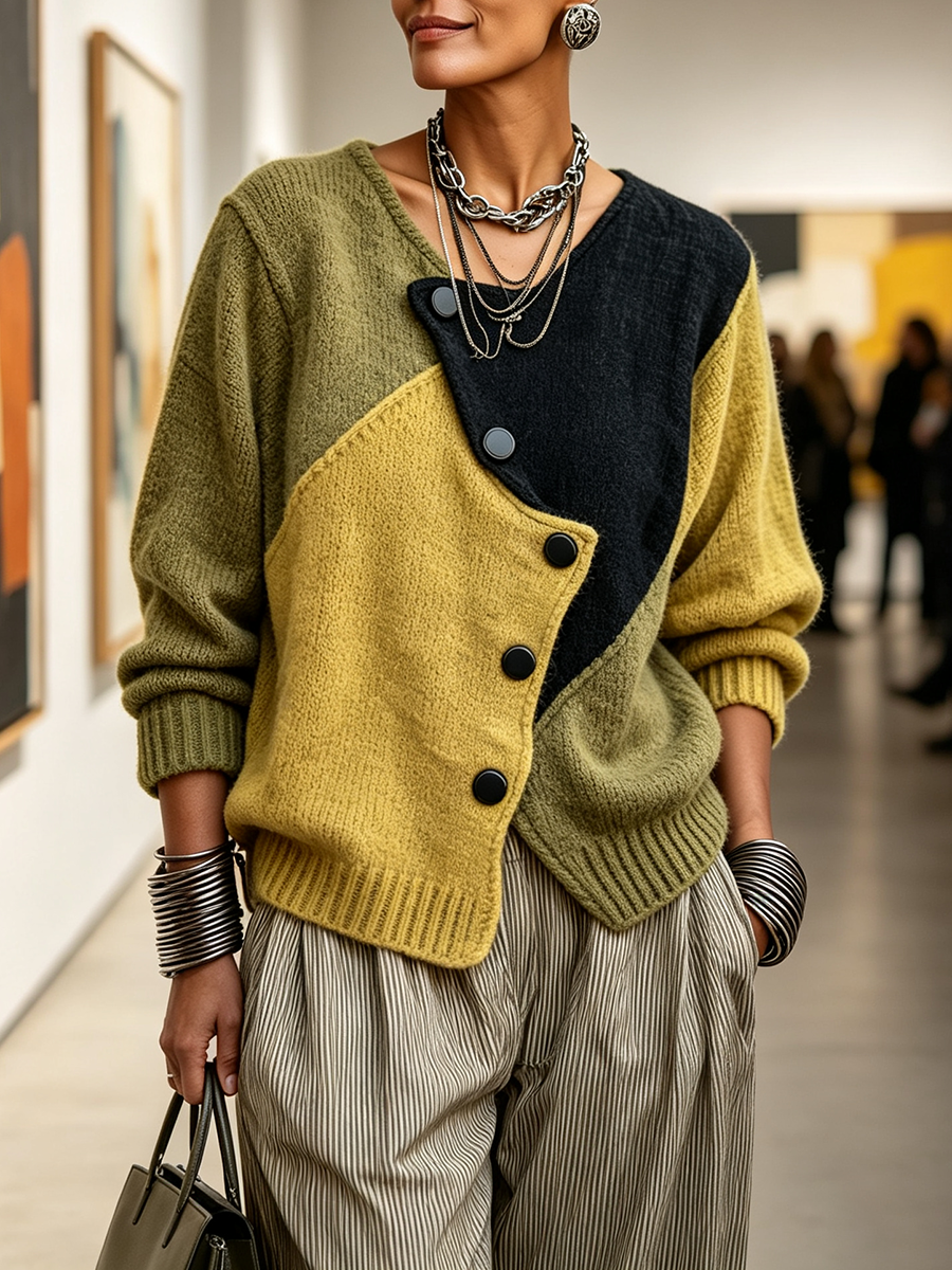 Josine - Dames trui met kleurblok in gebreid materiaal en asymmetrische knopen