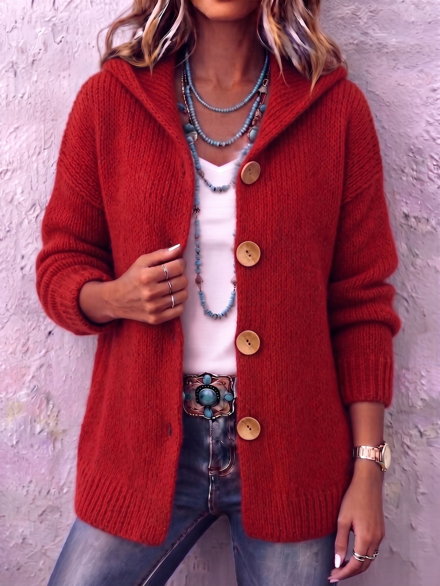Ingrid - Dames cardigan van gebreid materiaal met capuchon en knopen