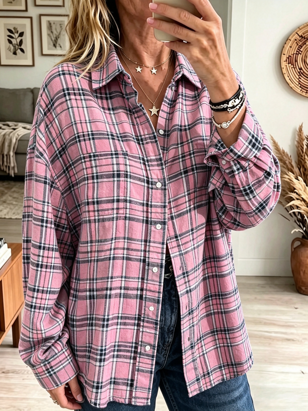 Oona - Oversized dameshemd met geruit patroon en knoopzakken