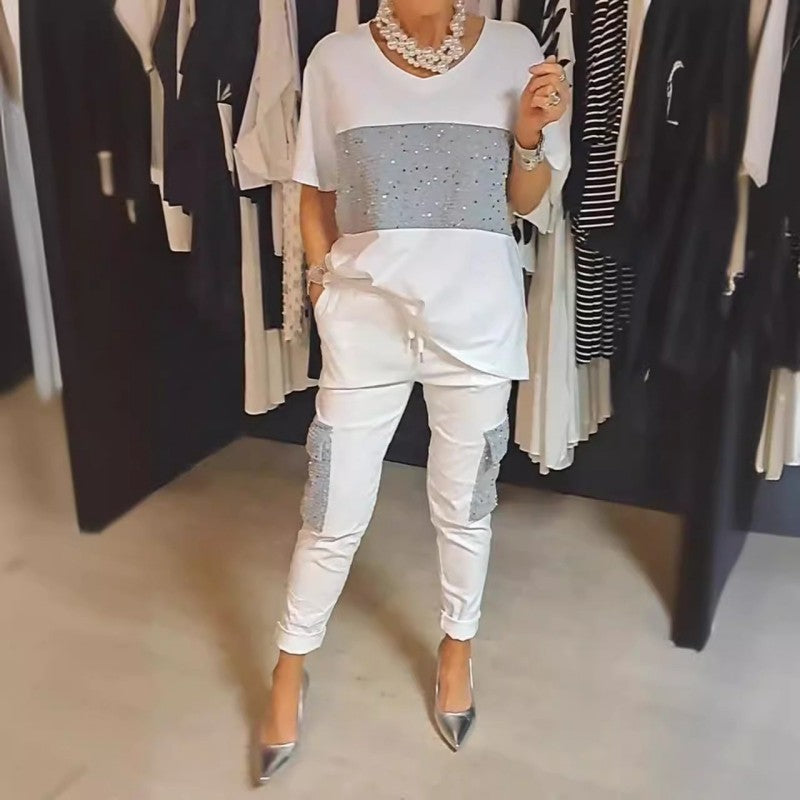 Caroline - Twee-Delige Korte Mouw Patchwork T-shirt & Broek Set