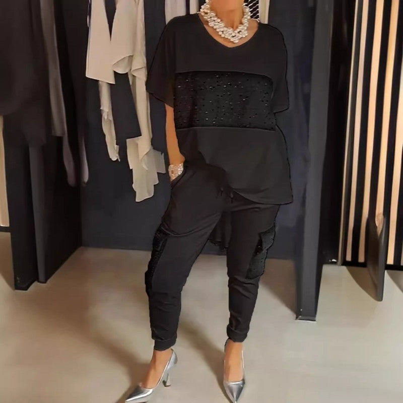 Caroline - Twee-Delige Korte Mouw Patchwork T-shirt & Broek Set