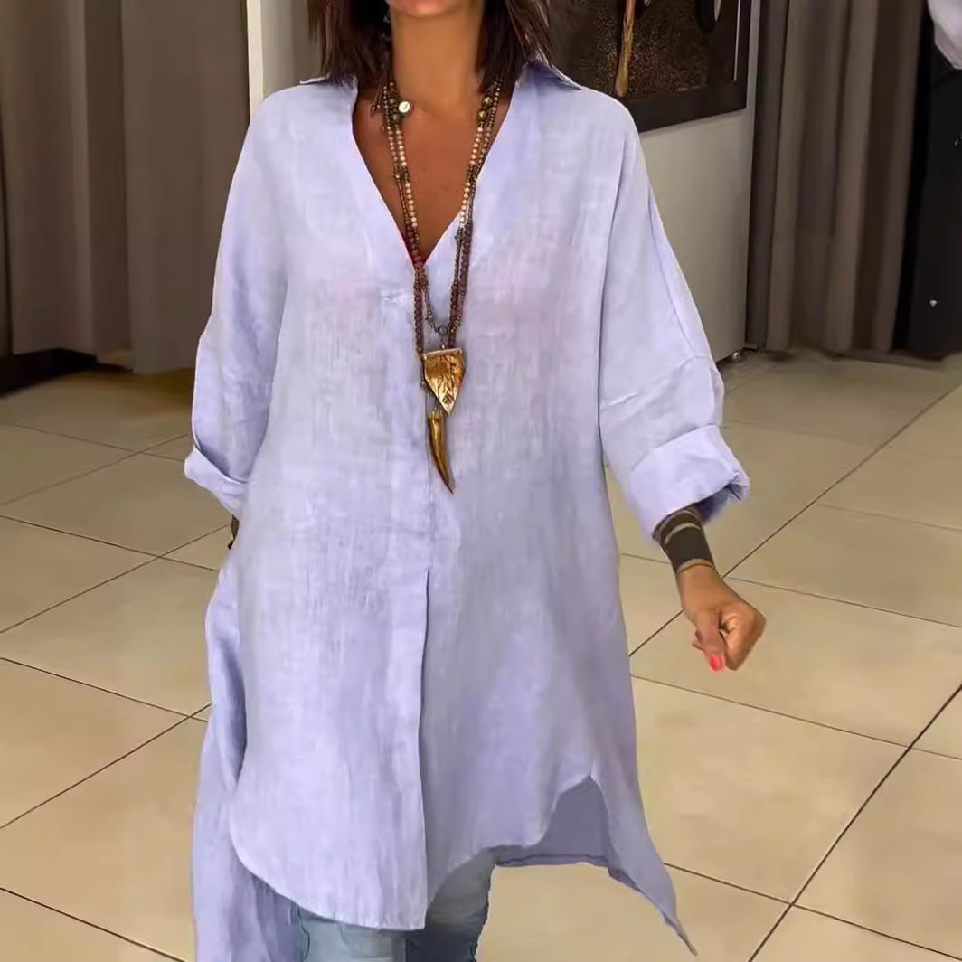 Melis - Zomer Causal Shirt van Katoen en Linnen met V-Hals