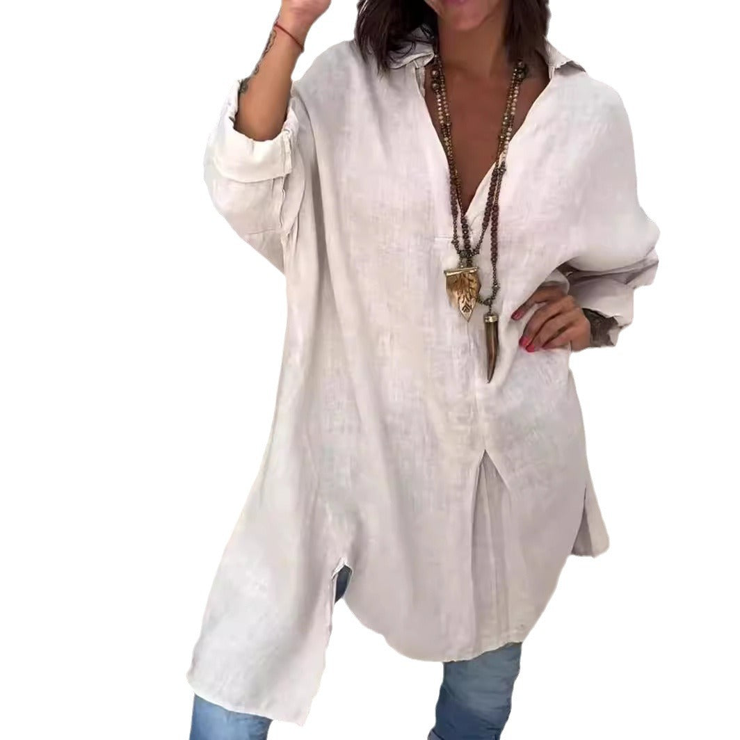 Melis - Zomer Causal Shirt van Katoen en Linnen met V-Hals