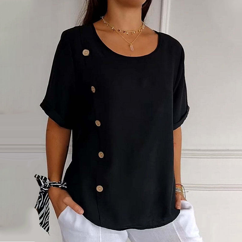 Rovryne - Vrouwenblouse van linnen met ronde hals en zijknopen ruime snit voor de zomer