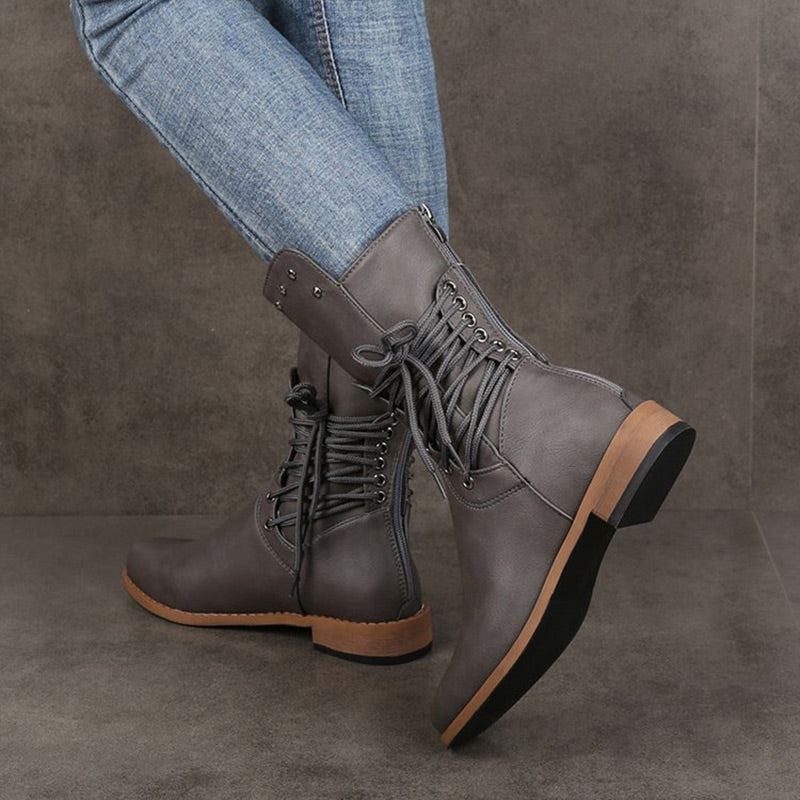 Cléonie - Dames enkellaarsjes met veters en ronde neus met decoratieve studs