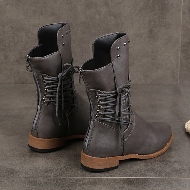 Cléonie - Dames enkellaarsjes met veters en ronde neus met decoratieve studs
