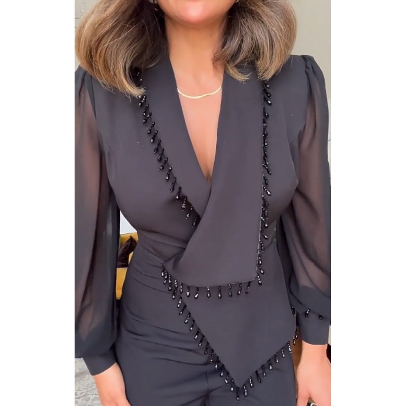 Vivienne - Kralen top en wijde broek Elegante set