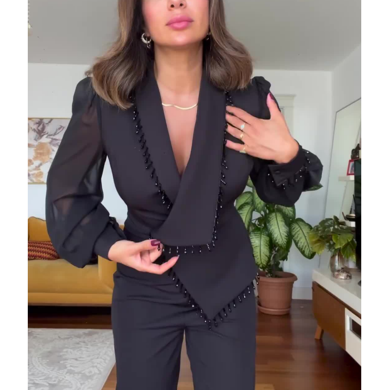 Vivienne - Kralen top en wijde broek Elegante set