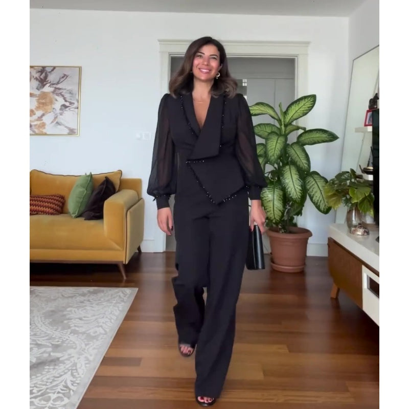 Vivienne - Kralen top en wijde broek Elegante set