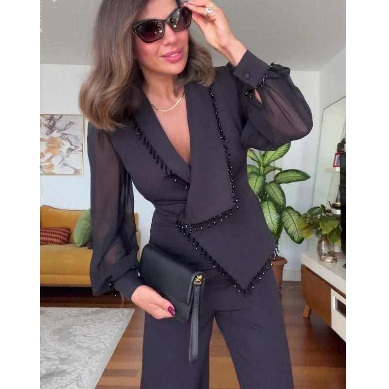 Vivienne - Kralen top en wijde broek Elegante set