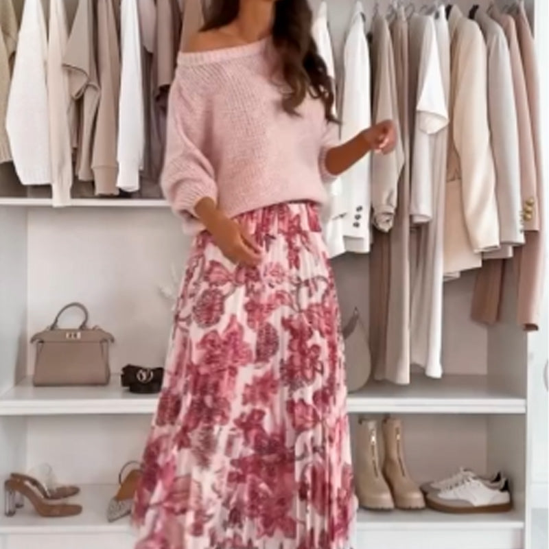 Janna - Ronde Hals Top en Bedrukte Riem Rok Set