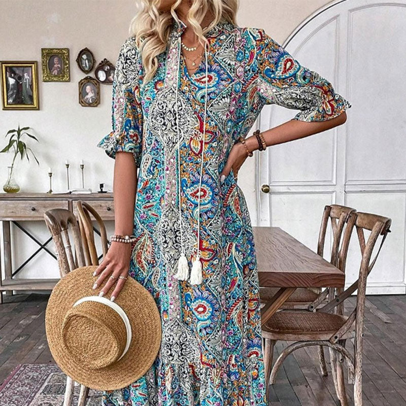 Lise - Elegante Boho Jurk met Bloemenpatroon